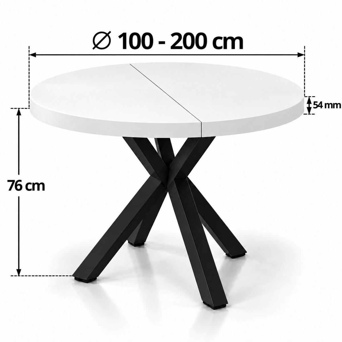 ESSTISCH rund ausziehbar 100/200/76 cm, Weiß, 54 cm Tischplatte + X Metallbeine Schwarz - Schwarz/Weiß, Holzwerkstoff/Metall (100/200/76cm) - Damale Möbel
