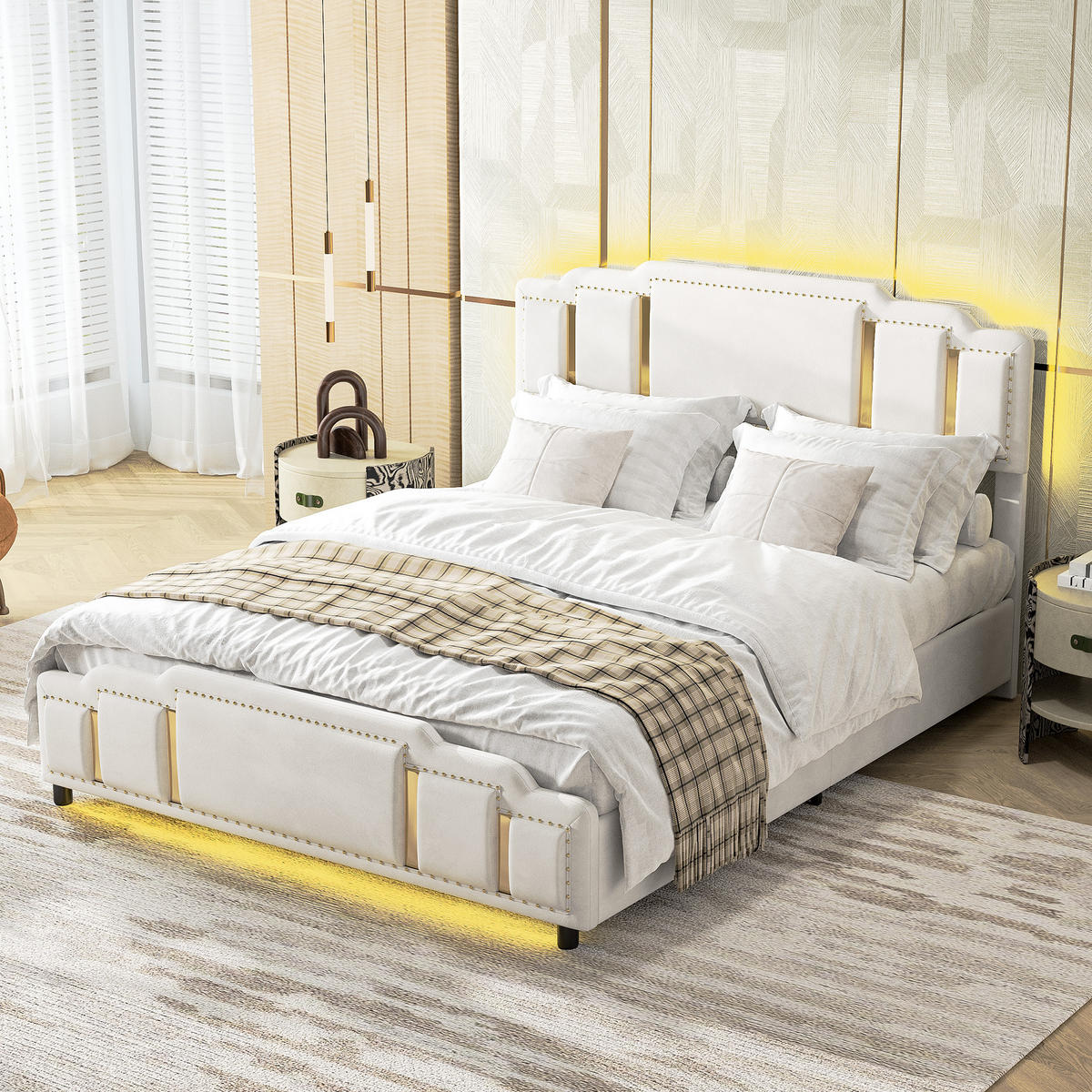 POLSTERBETT 160/200 cm Beige mit Hydraulisches Staufach und LED-Ambientebeleuchtung - Beige, Textil (160/200cm) - Oxeza
