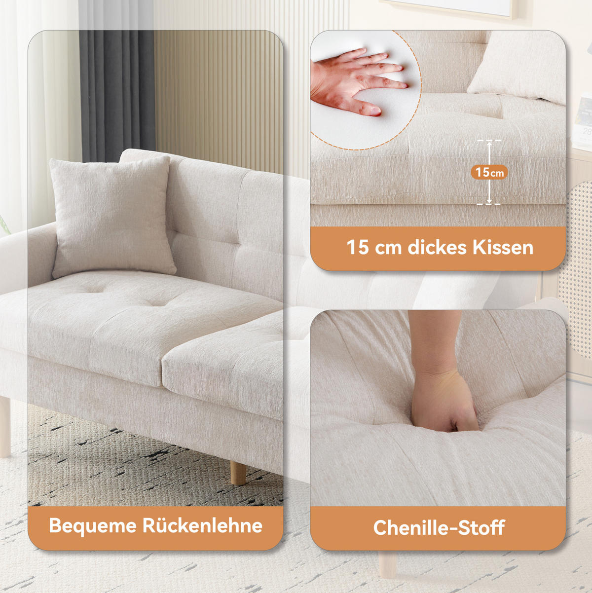 2-SITZER Sofa Chenille mit 15 cm Sitzkissen 162/74/77 cm Beige - Beige, Textil (77/162/74cm) - Redom