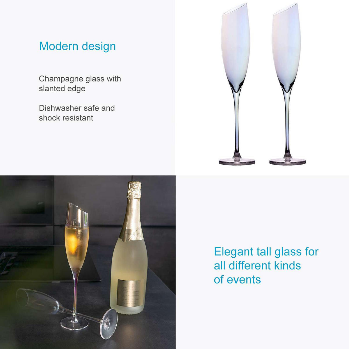 CHAMPAGNER/SEKT Glas mit moderner Kante Regenbogen Schimmer 150 ml (2er-Set) - Transparent, Glas (0.15L) - Intirilife