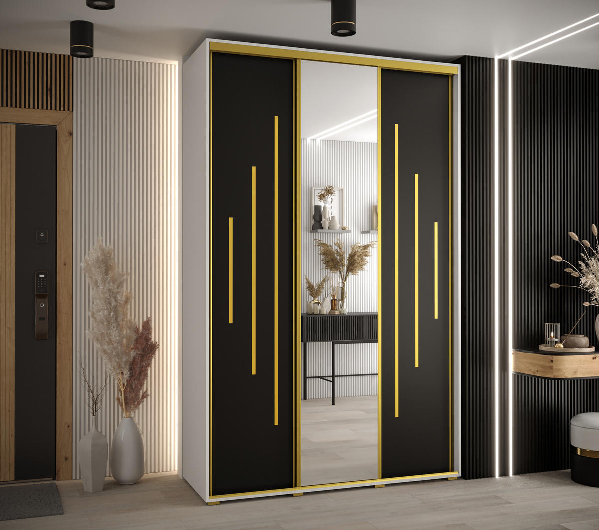 SCHWEBETÜRENSCHRANK 235,2/150/60 3-türig - Goldfarben/Schwarz, Holz/Metall (150/235/60cm) - Abiks Möbel