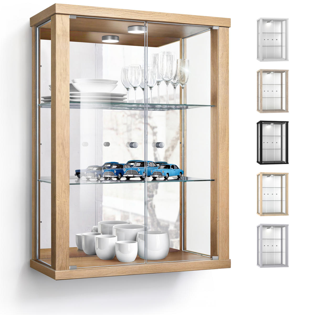HÄNGEVITRINE 25/60/80 cm mit Spiegel, LED & 2 höhenverstellbaren Glasböden - Transparent/Silberfarben, Glas/Holzwerkstoff (60/80/25cm) - K-Möbel