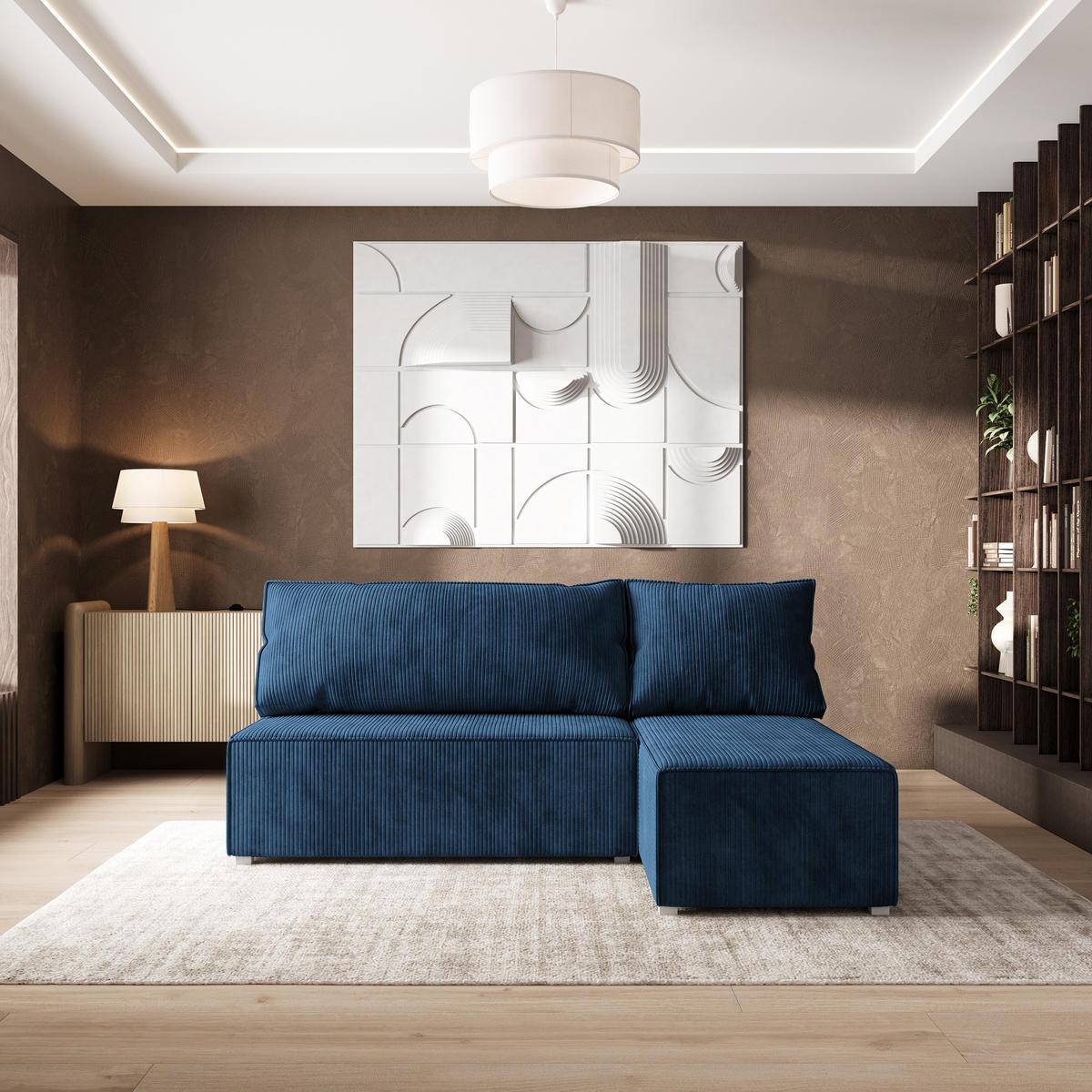 ECKSOFA BRISO P Blau Kordstoff mit Schlaffunktion - Blau/Grau, Holz/Kunststoff (200/140cm) - MASSENO