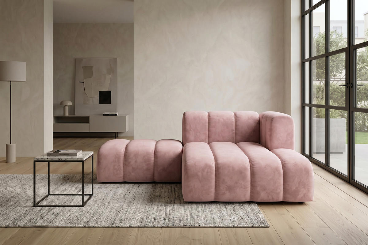 CHAISELONGUE Modulare Mit Hocker, Velvet-Stoff Riviera, Hellrosa, Rechts, GRAND - Hellrosa, Holz (204/179cm) - Kaiser Möbel