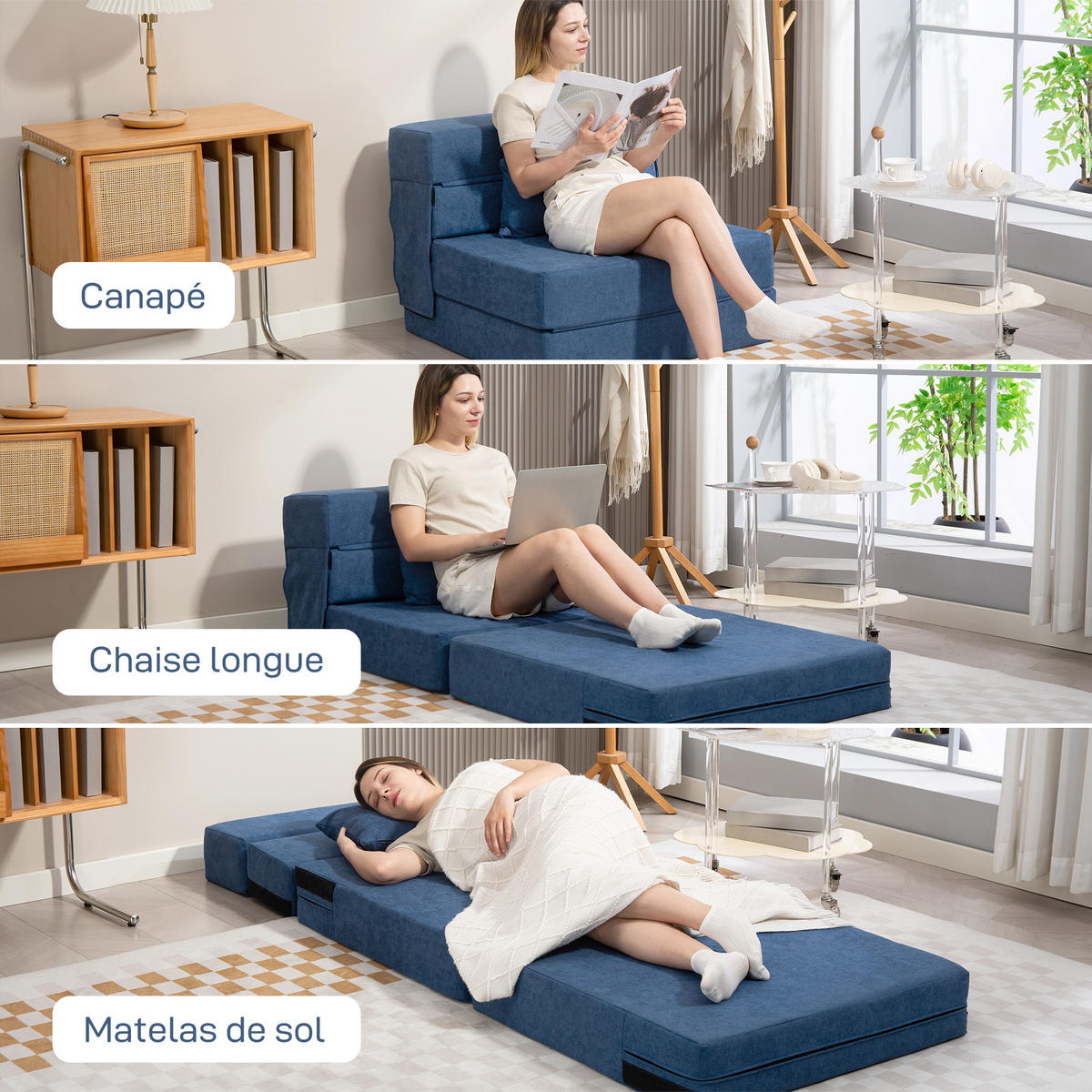 SCHLAFSESSEL DE-14632 3-in-1, klappbares Gästebett, inkl. Kissen Blau - Blau, Textil (80/15/210cm) - ComfortXL