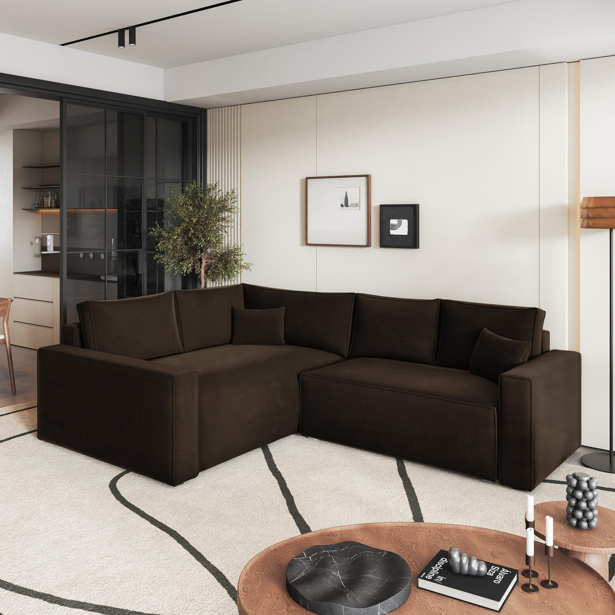 ROHOVÁ SEDAČKA ERONIS hnědá - šedá/hnědá, dřevo/textil (265/194cm) - MASSENO