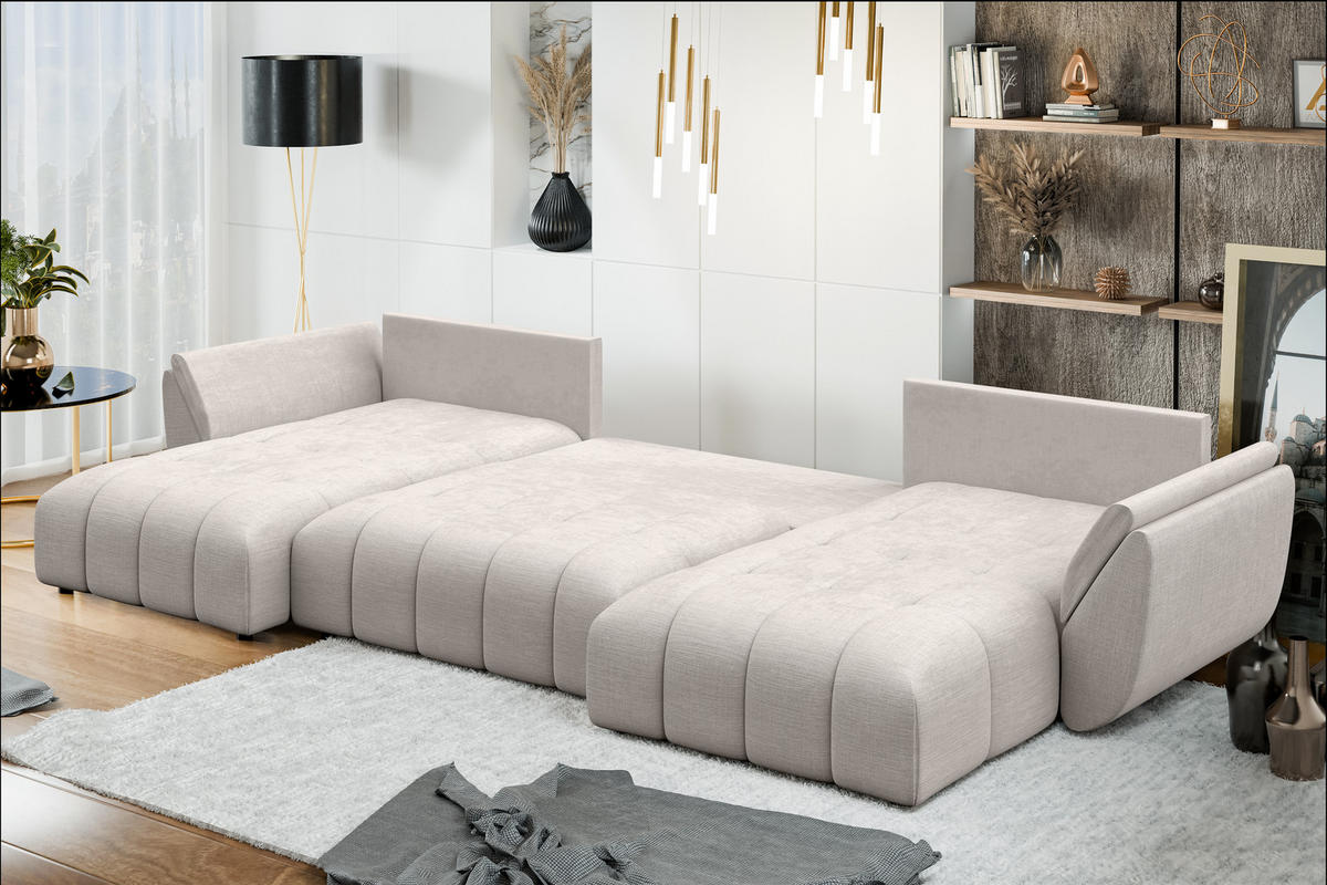 WOHNLANDSCHAFT Antalya Beige 382/190/91 cm – Sofa mit Bettfunktion - Beige/Schwarz, Kunststoff/Textil (382/91/190cm) - AX Living