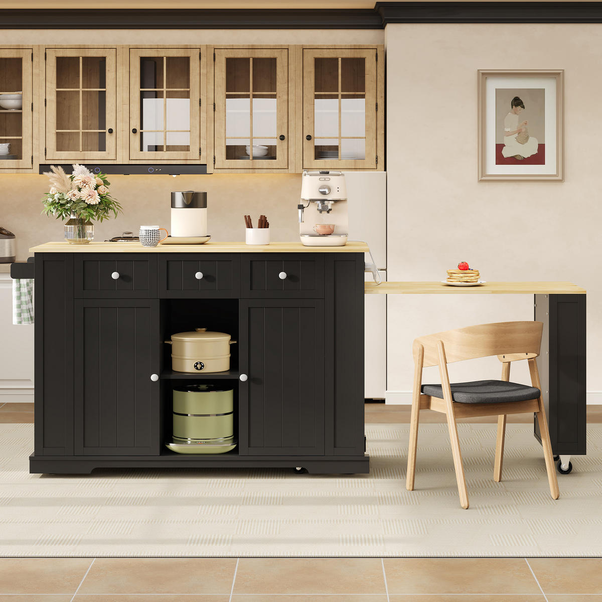 KÜCHENINSEL 93 cm MDF Schwarz Natur mit Ausziehtisch und USB-Steckdose - Schwarz, Holzwerkstoff (55/93/138cm) - Korfee