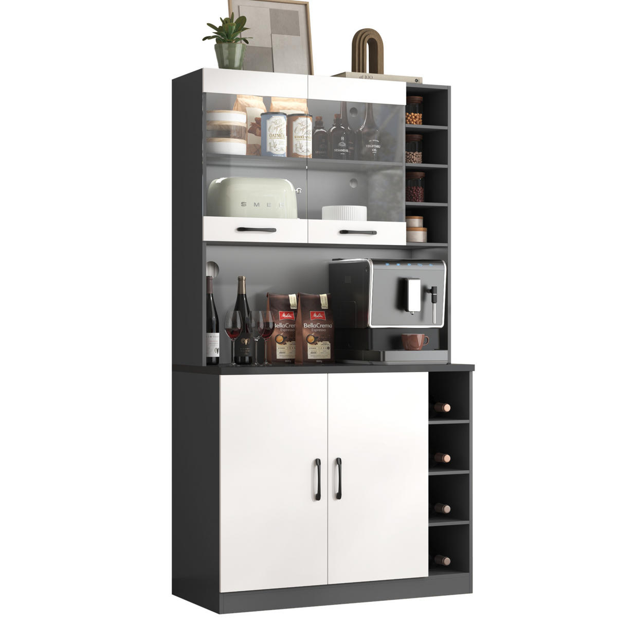 BUFFET Aufbewahrungsschrank 100x47x187cm Weiß mit Glas & LED Beleuchtung - Weiß, Holzwerkstoff (100/187/47cm) - Modfu