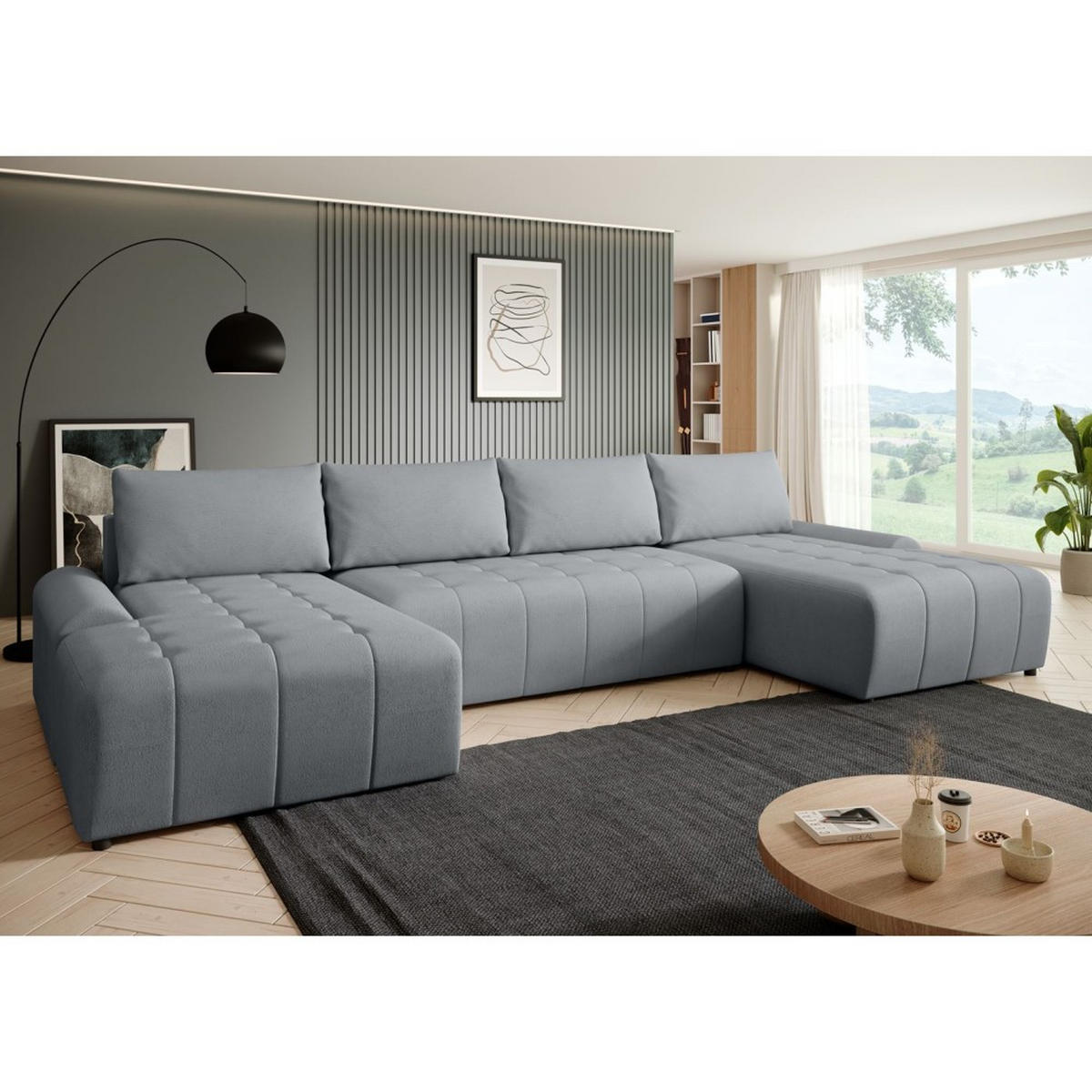 WOHNLANDSCHAFT Costa U Grau, Velours - Schwarz/Grau, Kunststoff/Textil (367/80/169cm) - Beautysofa