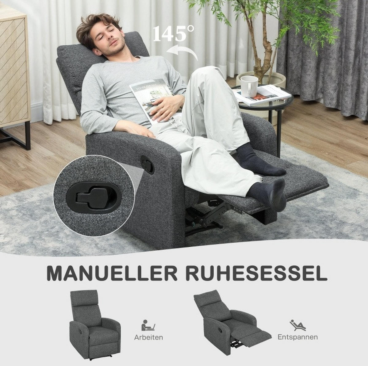 RELAXSESSEL 63/98/91 cm Dunkelgrau aus Polyester mit manuell verstellbarer Rückenlehne - Dunkelgrau, Textil (63/98/91cm) - OKMYHOME