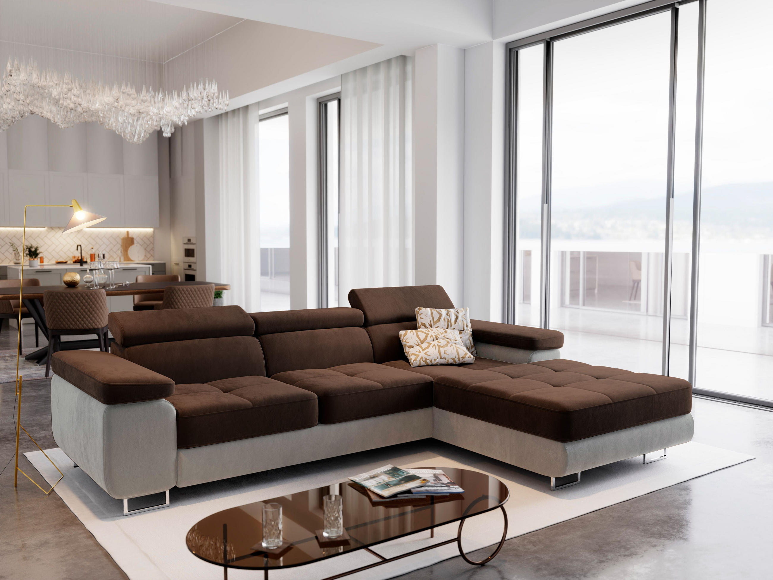 ECKSOFA ELMA R-S Braun Velours-Stoff mit Schlaffunktion - Braun, Holz (280/205cm) - MASSENO