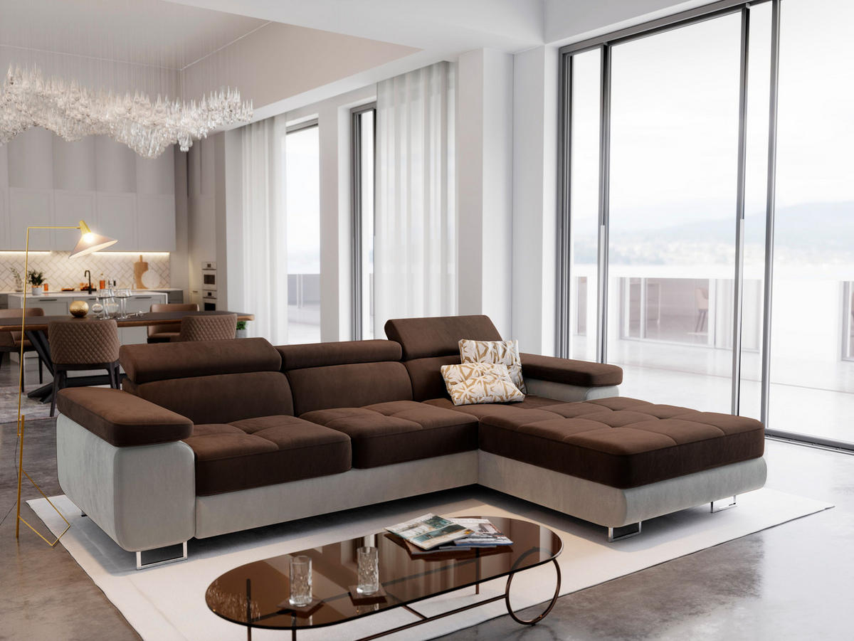 ECKSOFA ELMA R-S Braun Velours-Stoff mit Schlaffunktion - Braun, Holz (280/205cm) - MASSENO