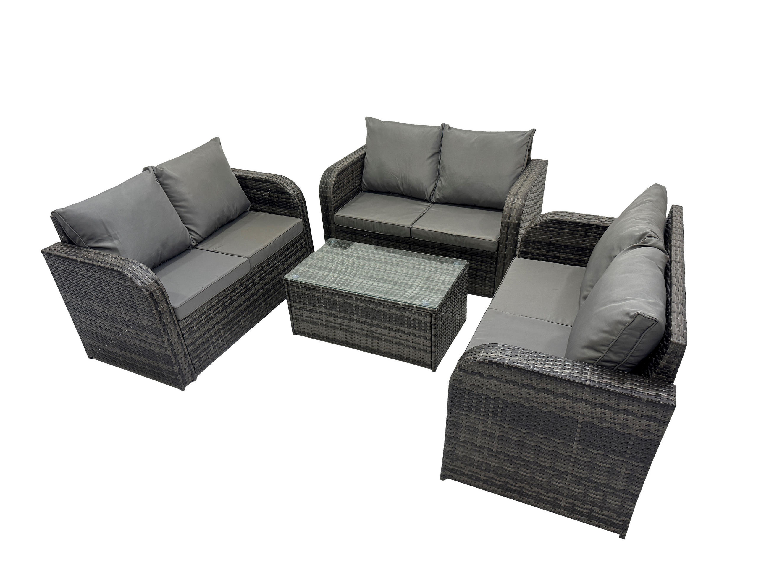 GARTENMÖBELGARNITUR mit KISSEN Polyrattan Dunkelgrau 6-Sitzer - Dunkelgrau/Grau, Glas/Kunststoff - Fimous