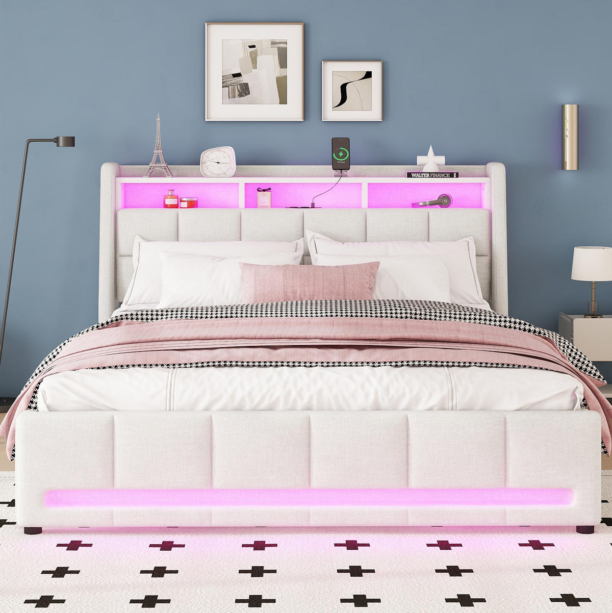 POLSTERBETT aus Leinen und MDF 140x200 cm Beige mit LED-Beleuchtung, USB-Anschluss und Schubladen - Beige, Textil (140/200cm) - IVMEU