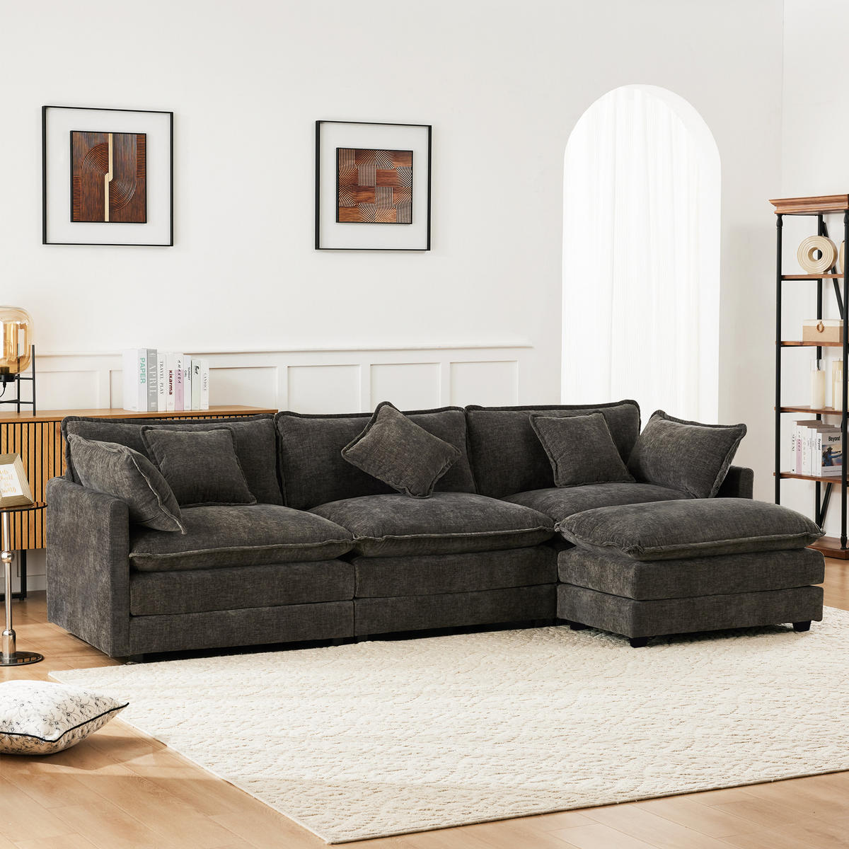 ECKSOFA 283/147/84 cm Dunkelgrau mit 1 Fußhocker - Dunkelgrau, Textil (283/147cm) - Oxeza