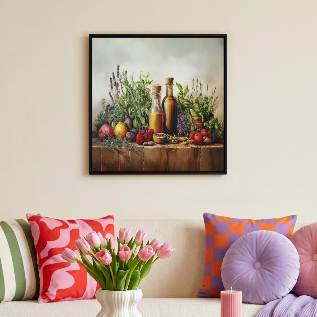 LEINWAND Bilder mit Rahmen - Stilleben - Kräuter - Gewürze - Früchte - Farbenfroh - 50x50 - Grün, Textil (50/50cm) - MuchoWow