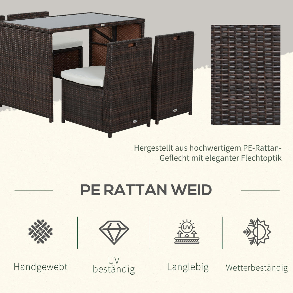GARTENMÖBEL Set, Stahl, PE Braun+Khaki - Braun, Metall - Outsunny