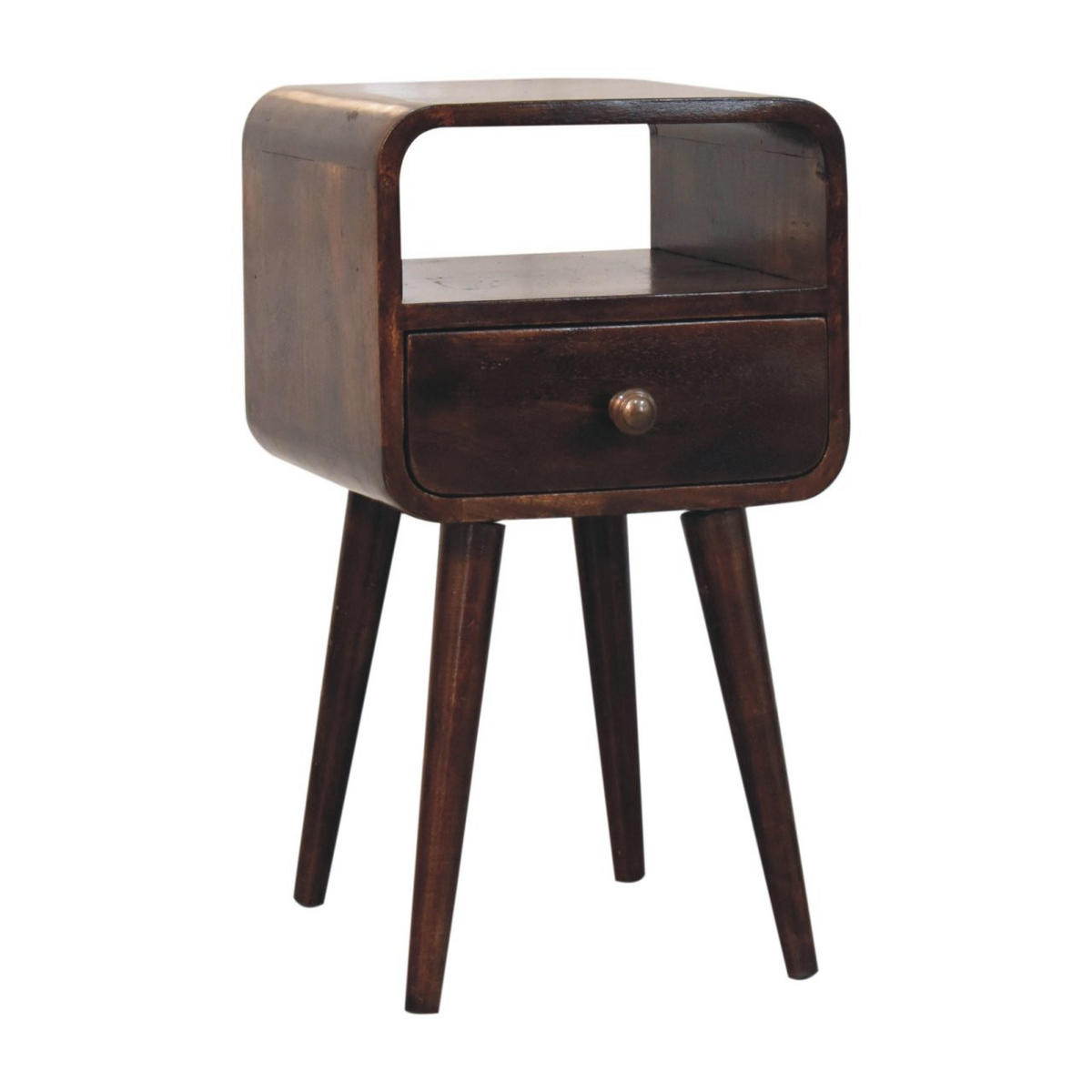 CALIFORNIA NOČNA OMARICA v orehovem zaključku, ukrivljena z odprto polico - hnedá, drevo (30/55/30cm) - Artisan Furniture