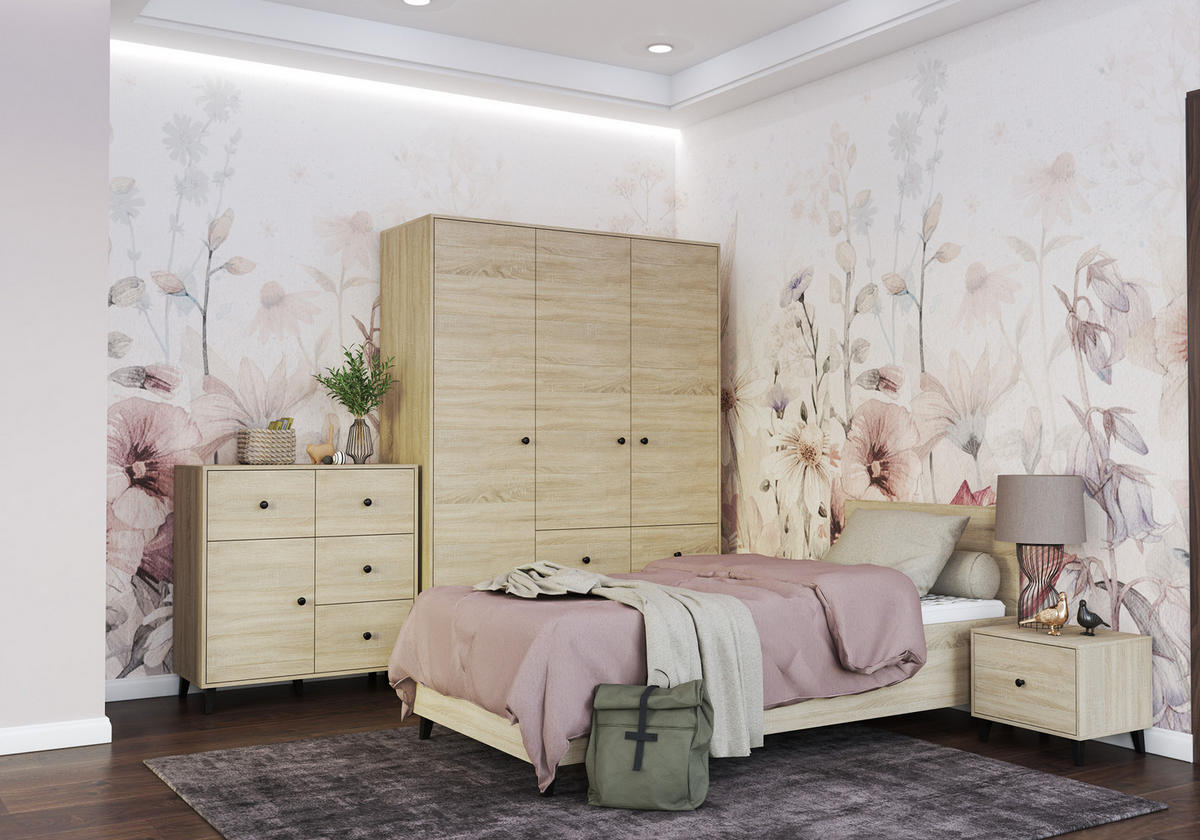 JUGENDZIMMER Mavaro in Sonoma Eiche mit Schwarz 4 teilig – Kinderzimmer Komplettset, mit großem Kleiderschrank, Kommode, Bett und Nachttisch - Braun, Holzwerkstoff (80/200/120cm)