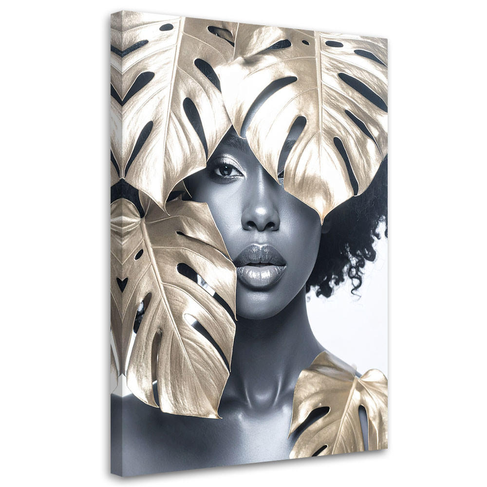 LEINWANDBILD Porträt einer Frau und goldenen Monstera-Blättern 80x120cm - Grau, Textil (80/120cm) - Feeby
