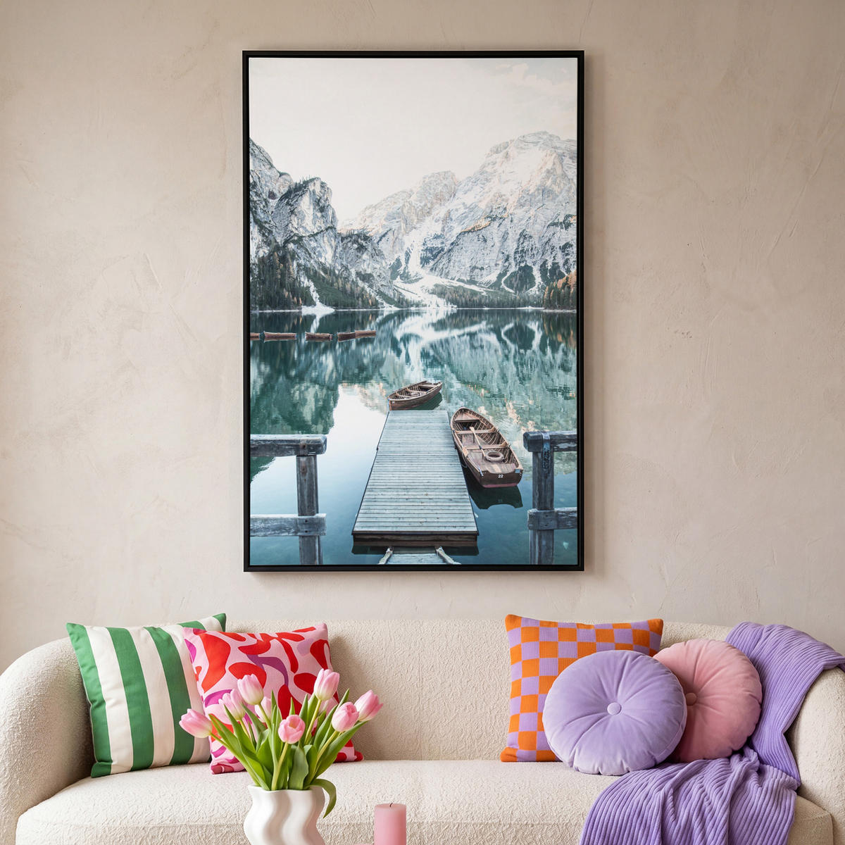 LEINWAND Bilder mit Rahmen - Natur - Berge - Schnee - Wald - Boot - 90x140 - Hellgrün, Textil (90/140cm) - MuchoWow