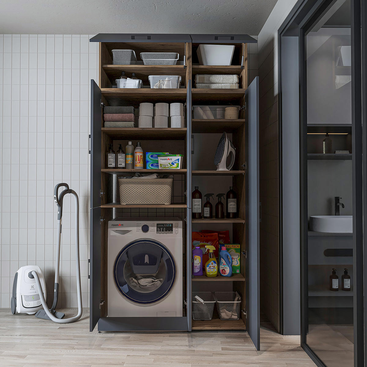 WASCHMASCHINENSCHRANK DORA-II 115cm Breit, 230cm Hoch - Anthrazit, Holzwerkstoff (115/230/73.8cm)