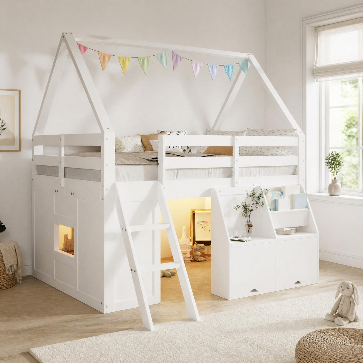 HOCHBETT aus Holz 140x200 cm Weiß mit Treppe, LED-Beleuchtung, Aufbewahrungsboxen und Stofftaschen - Weiß, Holz (140/200cm) - Modfu