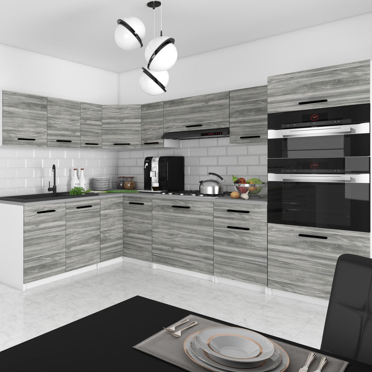 KÜCHENZEILE Italia 8 420 cm , mit Arbeitsplatten, Grau Glamour - Hellgrau, Holz (420/143/60cm) - B BELINI GROUP