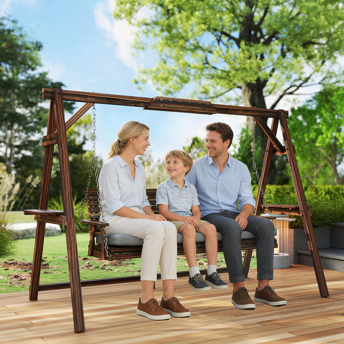 HOLLYWOODSCHAUKEL DE-07071 3-Sitzer Holz mit Ablagen, bis 330 kg Verkohlt - Naturfarben, Holz (134/170/243cm) - ComfortXL