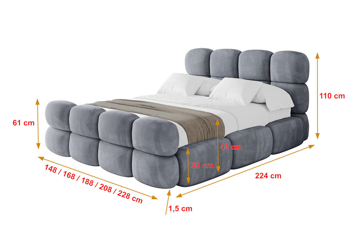 POLSTERBETT mit Bettkasten, Fußteil und Lattenrost, Bett mit Matratze H3/H4 - NOMA-Z 200x200 Grau - Grau, Holzwerkstoff/Textil (200/200cm) - ALTDECOR