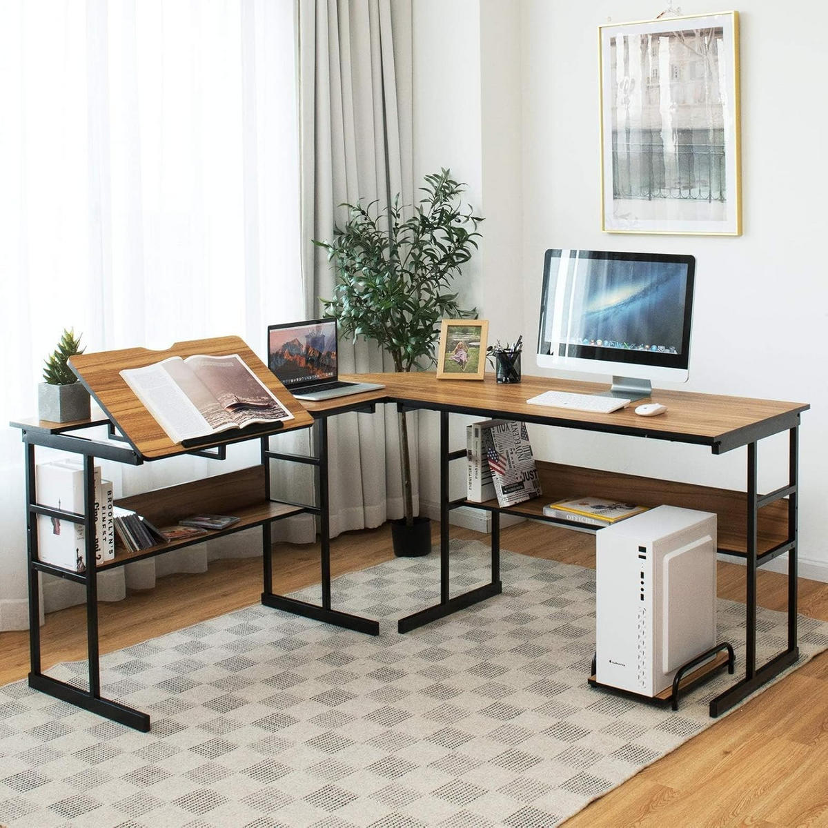 COMPUTERTISCH Walnuss - Walnussfarben, Holzwerkstoff (150/170/75cm) - COSTWAY