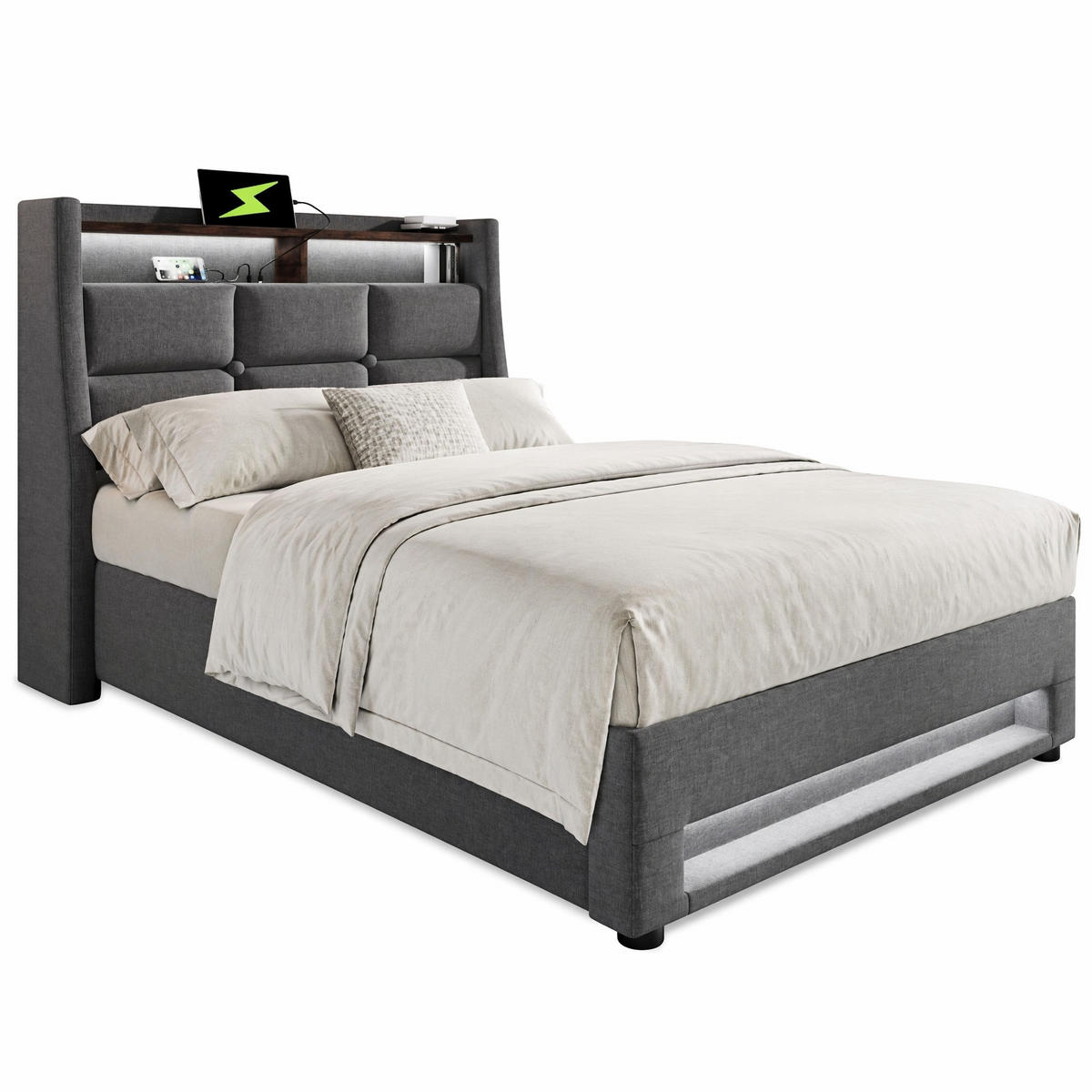 POLSTERBETT 90/200 cm in Grau Leinen mit Bettkasten, LED, USB und Regal - Grau, Holzwerkstoff/Textil (90/200cm) - CHICFURN