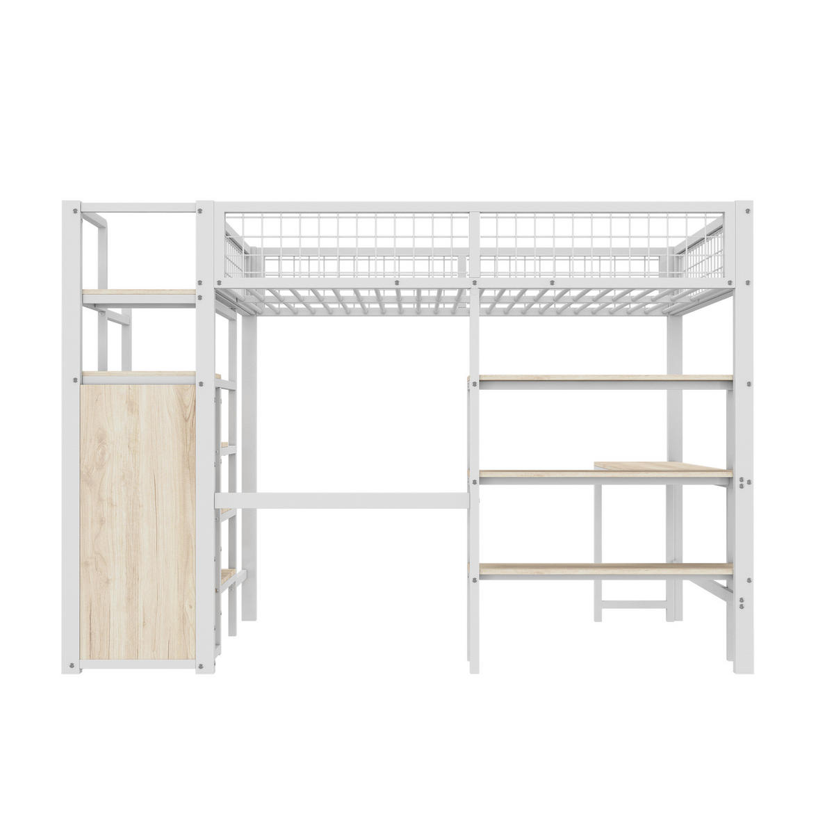 HOCHBETT aus Metall und MDF 140x200 cm Weiß mit Schreibtisch, Regalen und Kleiderschrank - Weiß, Metall (90/200cm) - Modfu