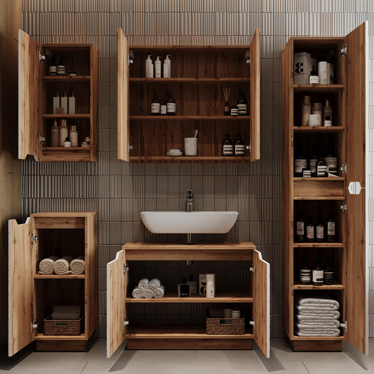 BADMÖBEL-SET Lotta Eiche/Weiß mit Kachelstruktur 4 Teile - Eichefarben/Weiß, Holzwerkstoff (79.6/62.1/32cm) - Vicco