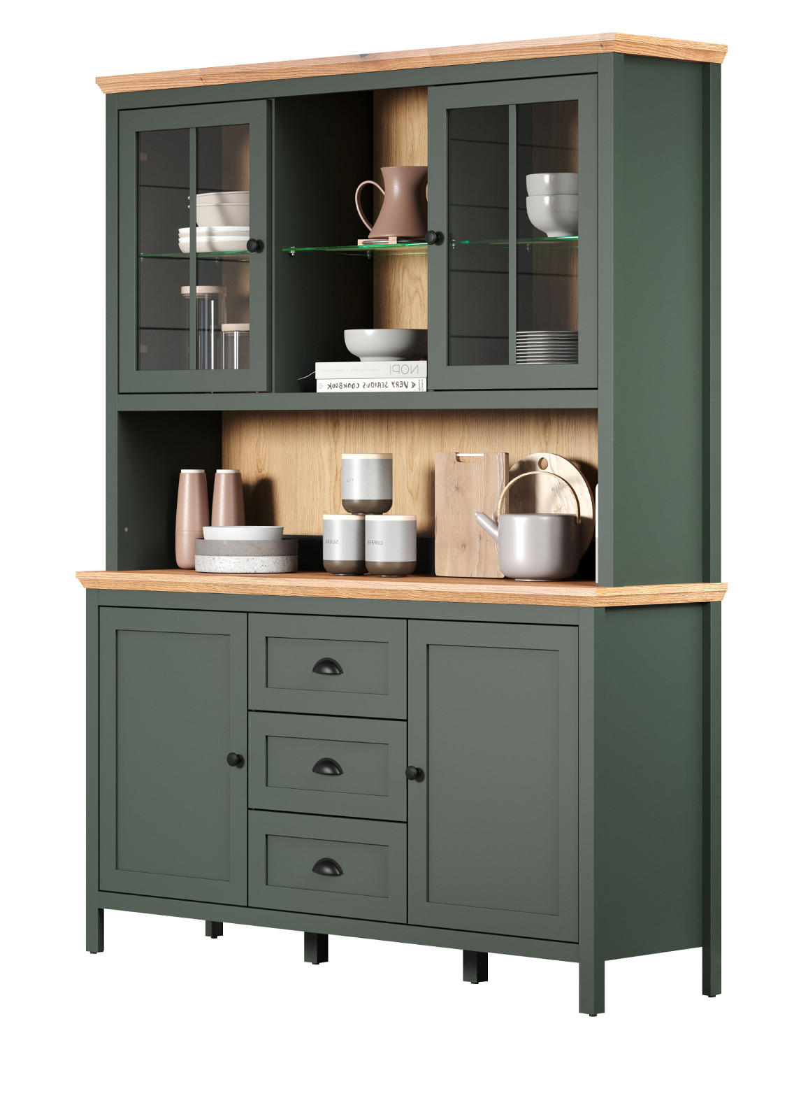 BUFFETSCHRANK grün, Evoke Eiche Landhaus 146 x 198 cm, Vitrine inklusive LED - Eichefarben/Schwarz, Glas/Holzwerkstoff (45/198/146cm) - Top.Furn