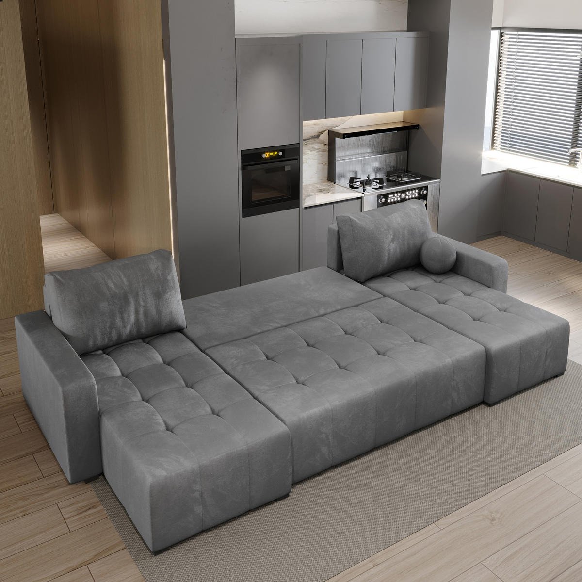 WOHNLANDSCHAFT TOLARI Grau Plüsch-Stoff mit Schlaffunktion - Grau, Holz (295/85/140cm) - MASSENO