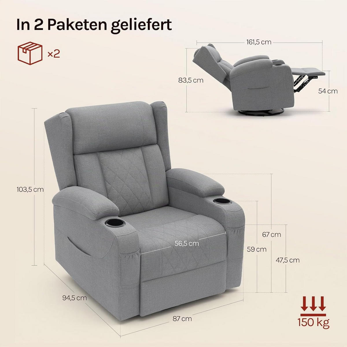 RELAXSESSEL mit Liegefunktion, drehbar, Leinenoptik, Grau - Grau, Kunststoff/Textil (87/103.5/94.5cm) - Woltu