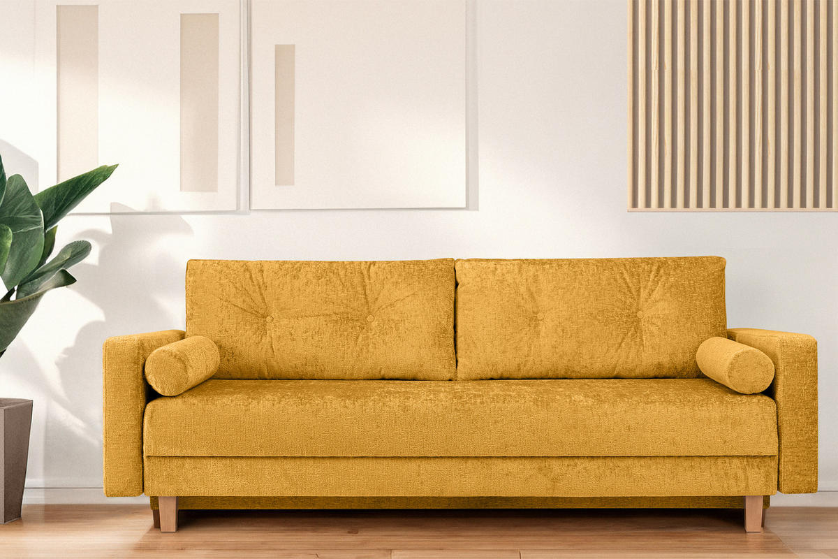 3-SITZER-SCHLAFSOFA ERISO mit weiche Sitzfläche und hohe Rückenlehne, Chenille-Stoff, Gelb - Gelb/Braun, Textil (220/80/100cm) - KONSIMO®