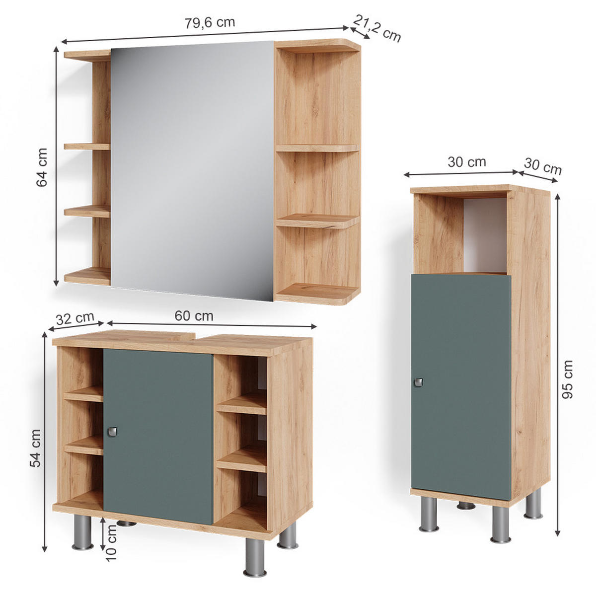 SADA NÁBYTKU DO KOUPELNY Fynn Zelená 3 díly, se střední jednotkou - zelená barva, kompozitní dřevo (60/54/32cm) - Vicco