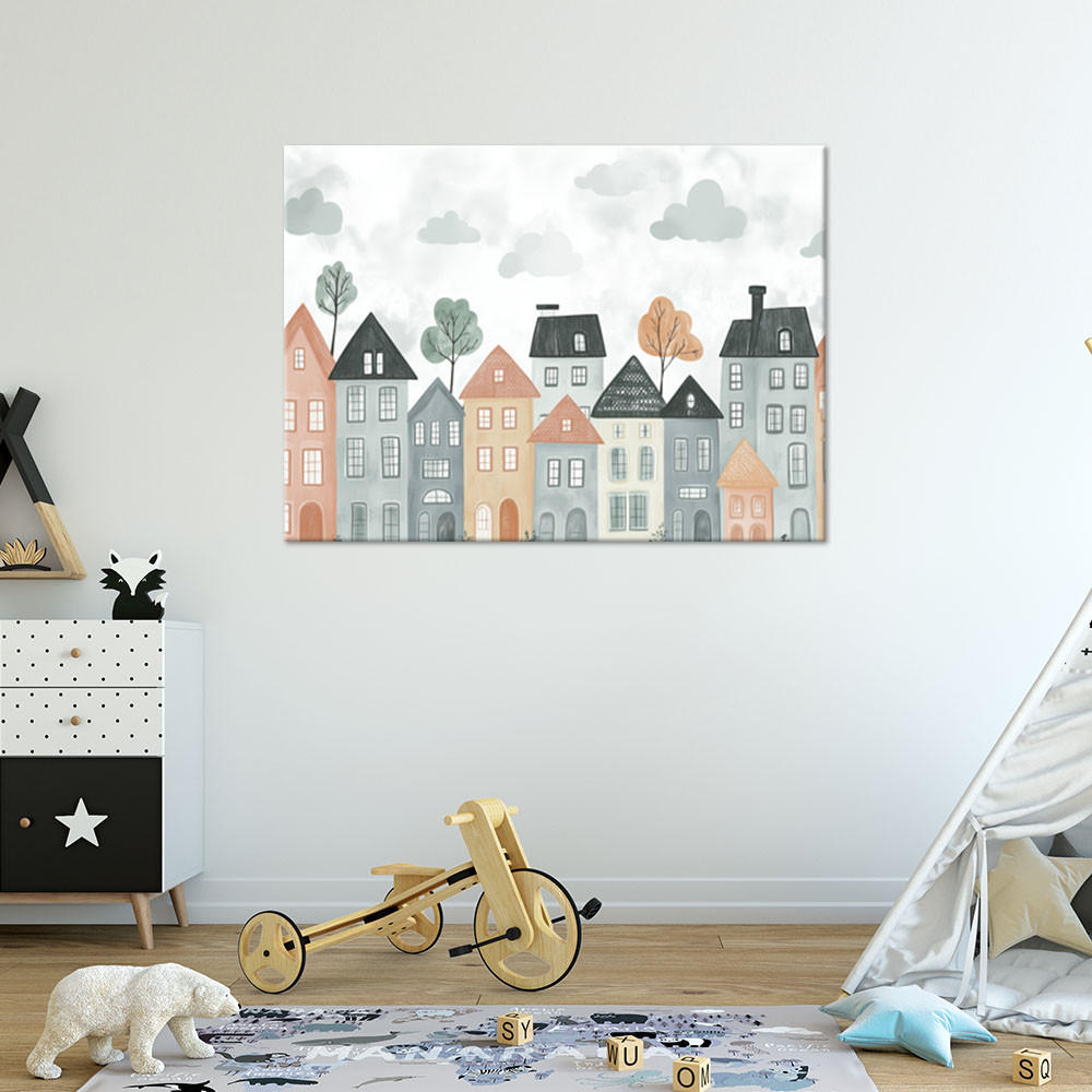 WANDBILD für kinderzimmer bunte häuser stadt - Grau, Textil (60/40cm) - Feeby