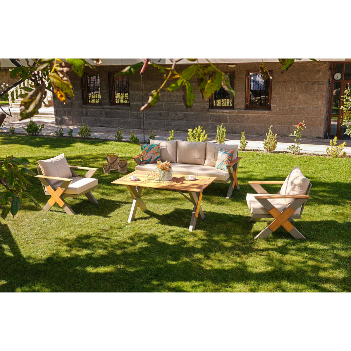 GARTENMÖBEL-SET 4-tlg. aus Irokoholz Lotus Beige - Beige, Holz/Metall - Gowoll