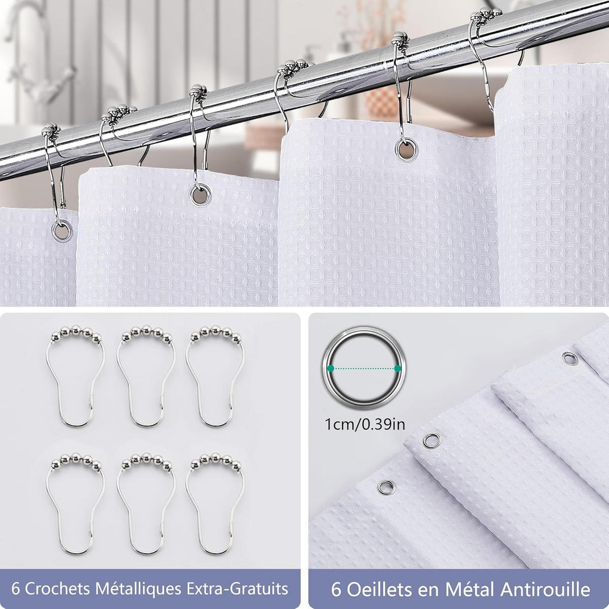 DUSCHVORHANG Stoff Waffelstruktur Polyester maschinenwaschbar mit Haken wasserdicht Weiß - Weiß, Textil (151/182cm) - MCBOSON