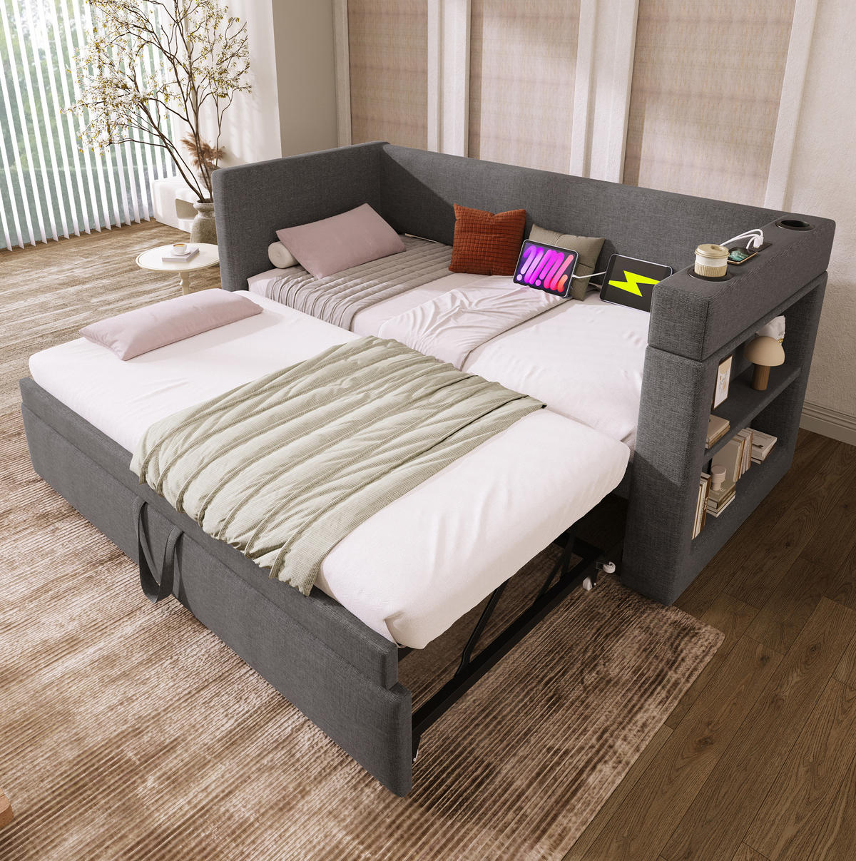 POLSTERBETT 90/190 cm Grau mit Ausziehbett und USB- & Type-C-Anschlüssen - Grau, Textil (90/190cm) - OKWISH