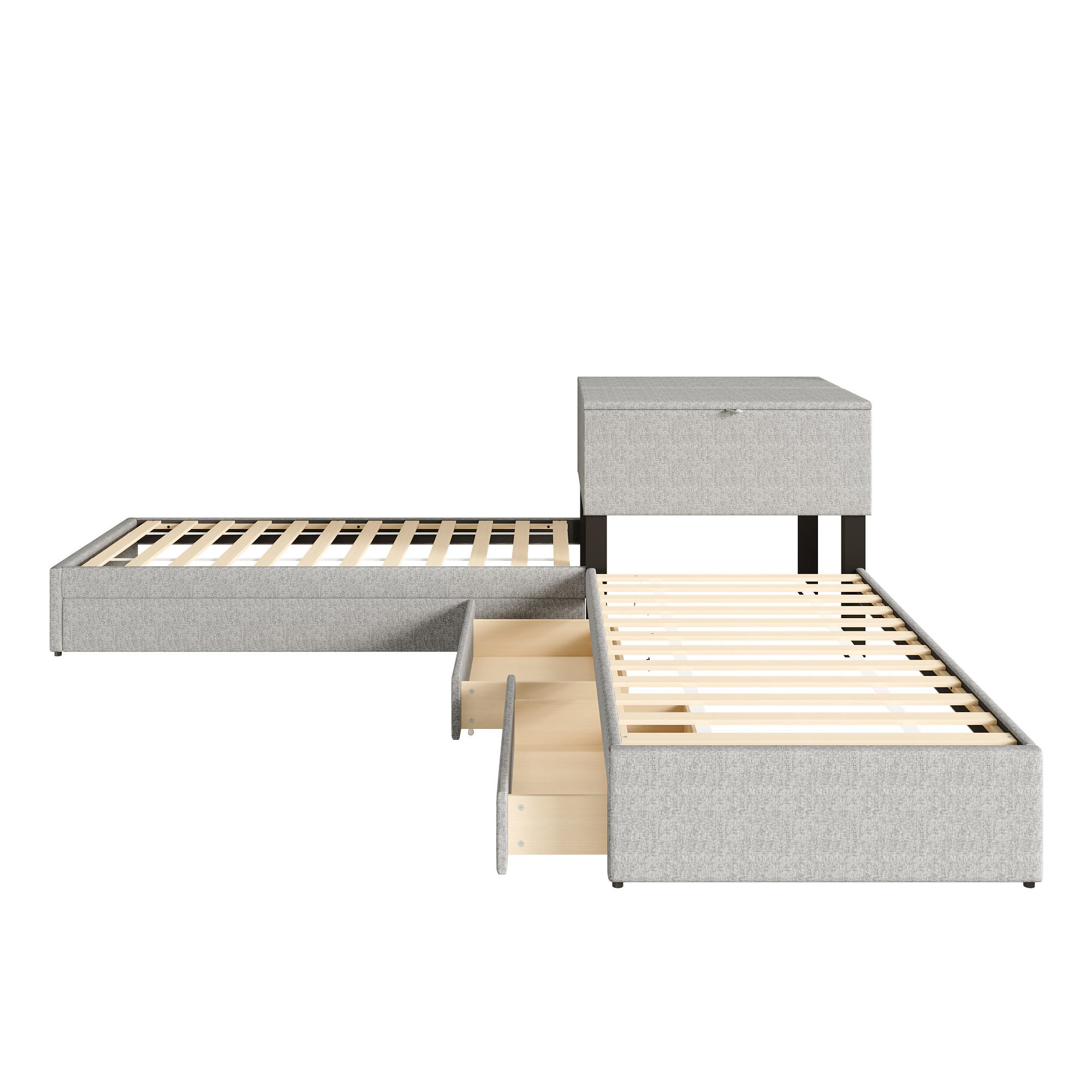POLSTERBETT mit Ausziehbet in Grau Leinen (ohne Matratze) - Grau, Holz/Textil (90/200cm) - KOMHTOM