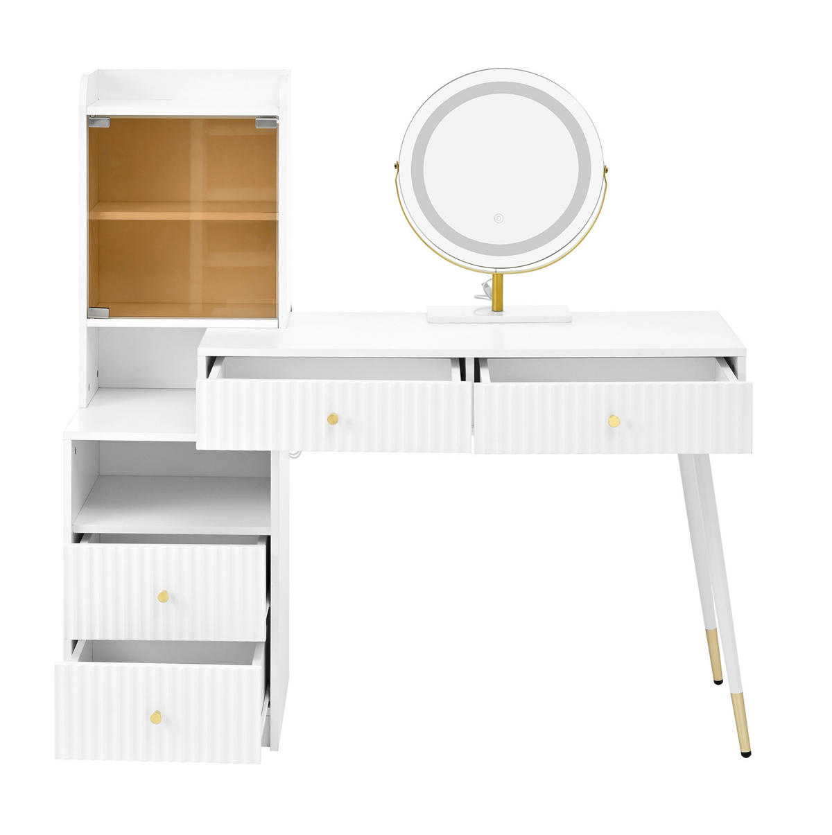 SCHMINKTISCH 100/40/125 cm mit LED-Spiegel, 4 Schubladen und beleuchteter Glasvitrine, Weiß - Weiß, Holzwerkstoff (40/125/100cm) - Redom