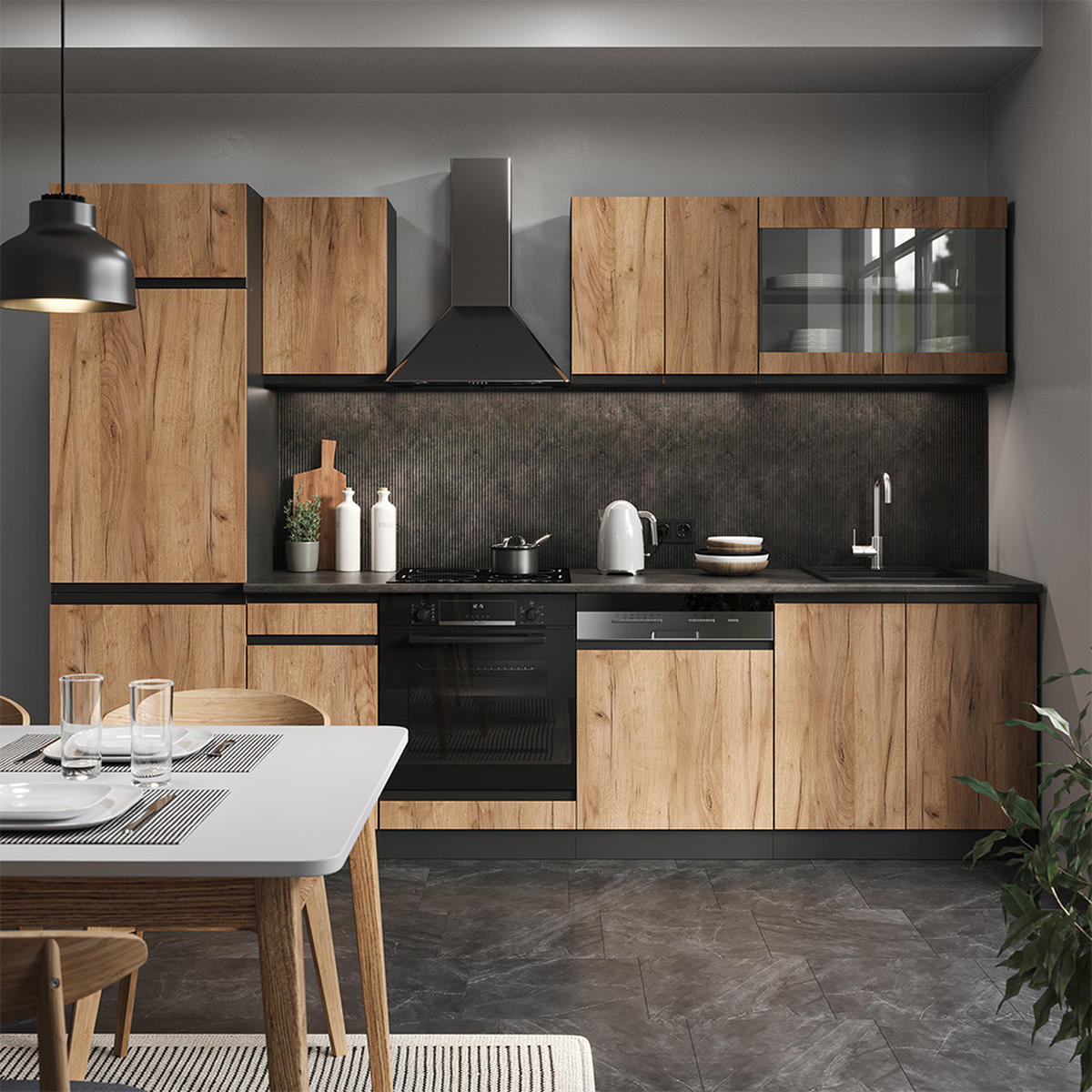 KÜCHENZEILE R-Line Goldkraft Eiche/Anthrazit 300 cm J-Shape - Honigeiche/Anthrazit, Holzwerkstoff (300/81.6/46cm) - Vicco