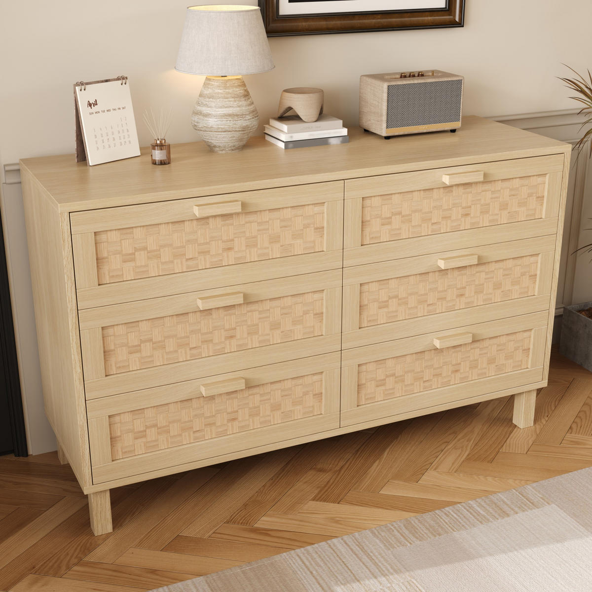 SIDEBOARD mit 6 Schubladen Rattan, 120/40/75cm - Buchefarben, Holzwerkstoff (120/75/40cm) - Urban Meuble