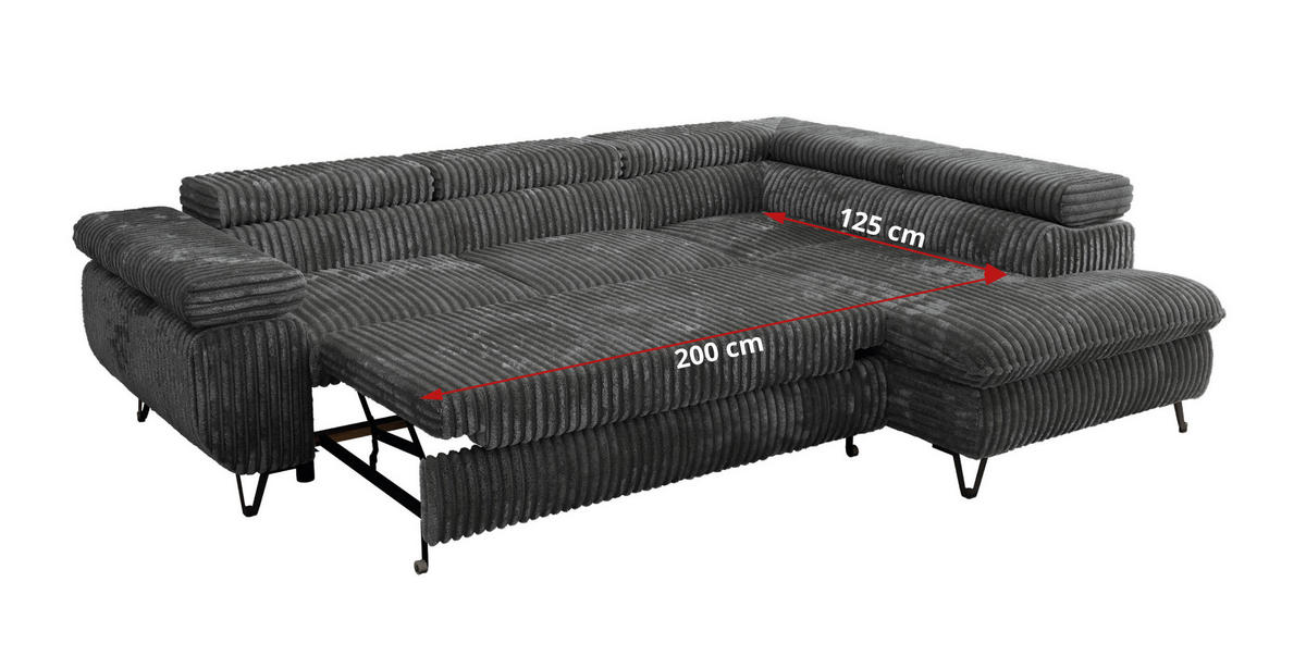 ECKSOFA PABLO L Dunkelgrau Cord - Rechts Seite mit Visco Topper - Dunkelgrau/Schwarz, Textil/Metall (273/208cm) - MKS