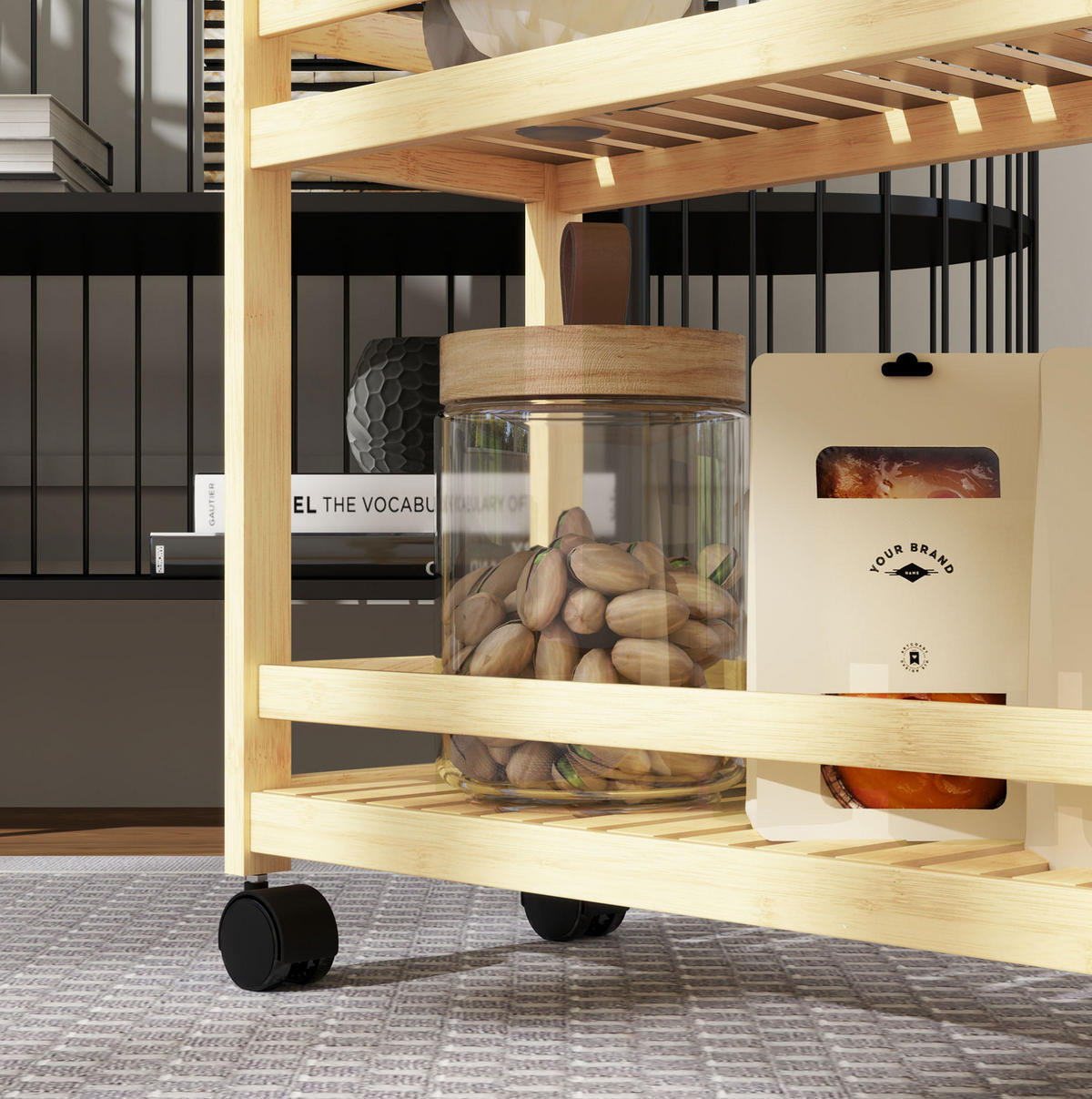 SERVIERWAGEN 55/20/75 cm mit 3 Lamellenablagen, Rollen, Bremsen und Griff, Bambus, Naturholz - Hellbraun, Naturmaterialen (55/75/20cm) - Redom